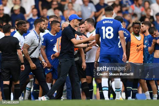Thomas Tuchel, Manager of Chelsea reacts after the Premier League match between Chelsea FC and Tottenham Hotspur at Stamford Bridge on August 14,...