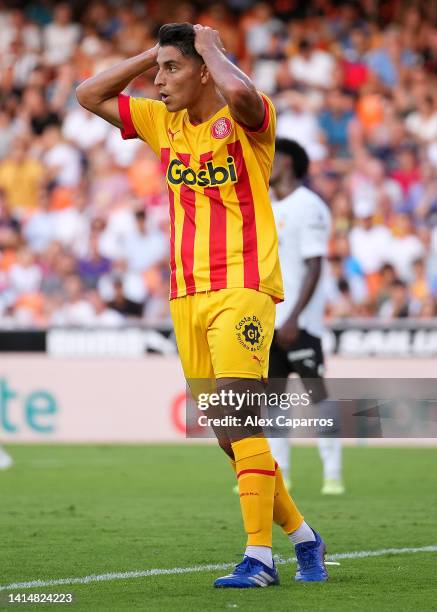 Ramon Terrats of Girona FC reacts during the LaLiga Santander match between Valencia CF and Girona FC at Estadio Mestalla on August 14, 2022 in...