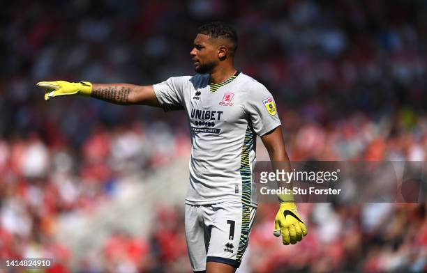 Middlesbrough goalkeeper Zack Steffen reacts during the Sky Bet Championship between Middlesbrough and Sheffield United at Riverside Stadium on...
