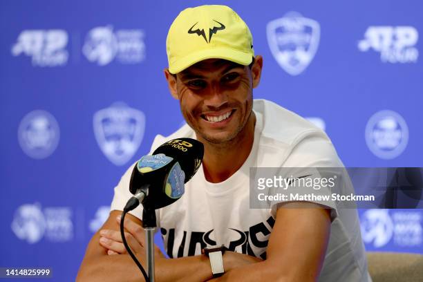 Rafael Nadal of Spain fields questions from the media during the Western & Southern Open at Lindner Family Tennis Center on August 14, 2022 in Mason,...