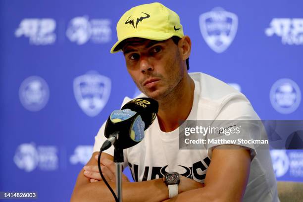 Rafael Nadal of Spain fields questions from the media during the Western & Southern Open at Lindner Family Tennis Center on August 14, 2022 in Mason,...