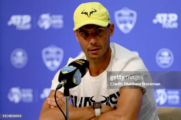 Rafael Nadal of Spain fields questions from the media during the Western & Southern Open at Lindner Family Tennis Center on August 14, 2022 in Mason,...