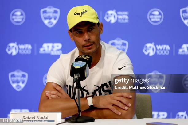 Rafael Nadal of Spain fields questions from the media during the Western & Southern Open at Lindner Family Tennis Center on August 14, 2022 in Mason,...