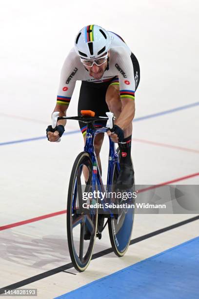 Elia Viviani of Italy competes in the Men's Elimination Race Final during the cycling track competition on day 4 of the European Championships Munich...