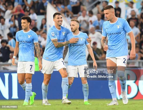 Manuel Lazzari of SS Lazio celebrates after autogoal 1-1 during the Serie A match between SS Lazio and Bologna FC at Stadio Olimpico on August 14,...