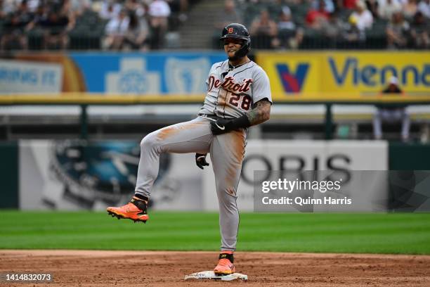 Javier Baez of the Detroit Tigers reacts on second base after his RBI double in the third inning against the Chicago White Sox at Guaranteed Rate...