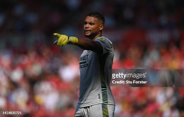 Middlesbrough goalkeeper Zack Steffen reacts during the Sky Bet Championship between Middlesbrough and Sheffield United at Riverside Stadium on...