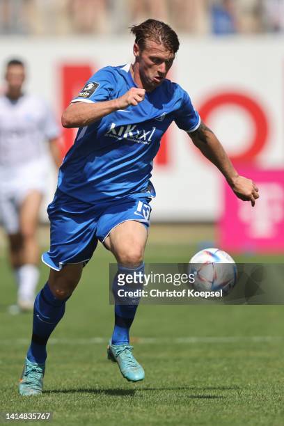 Marvin Pourie of Meppen runs with the ball during the 3. Liga match between SV Meppen and SV Waldhof Mannheim at Haensch-Arena on August 14, 2022 in...