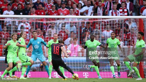 Marcel Sabitzer of Bayern Muenchen takes a shot on goal during the Bundesliga match between FC Bayern München and VfL Wolfsburg at Allianz Arena on...
