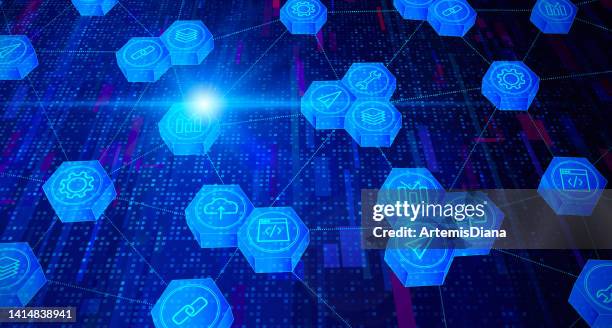 decentralized applications concept - dapp - abstract illustration - token stock illustrations