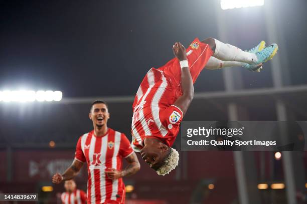 Largie Ramazani of UD Almeria celebrates after scoring his team's first goal during the LaLiga Santander match between UD Almeria and Real Madrid CF...