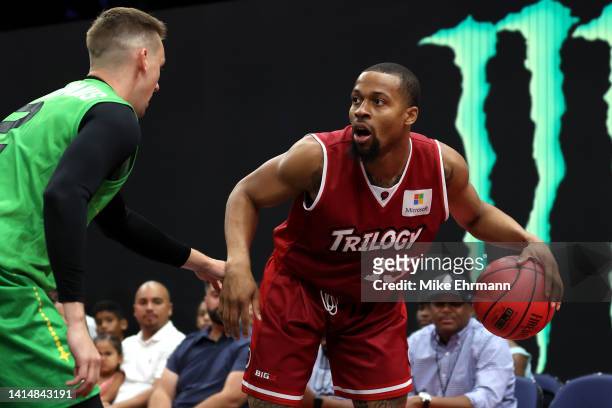 Karlis Lasmanis of the Aliens defends against Isaiah Briscoe of the Trilogy during the BIG3 Playoffs on August 14, 2022 at Amalie Arena in Tampa,...