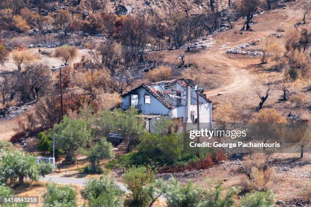 burned house as a result of a forest fire - natural disaster photos et images de collection