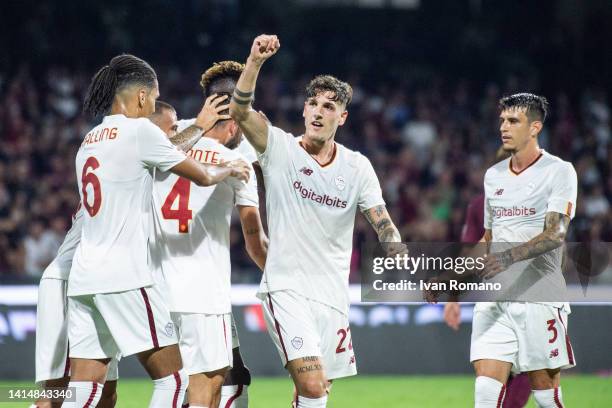 Bryan Cristante of AS Roma celebrates after scoring a goal to make it 0-1 during the Serie A match between Salernitana and AS Roma at Stadio Arechi...