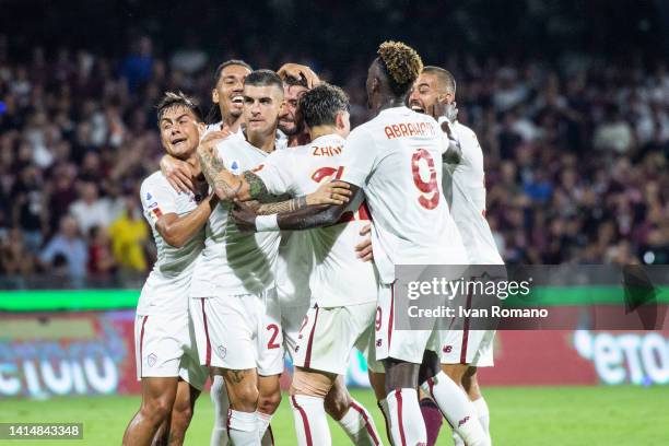 Bryan Cristante of AS Roma celebrates after scoring a goal to make it 0-1 during the Serie A match between Salernitana and AS Roma at Stadio Arechi...