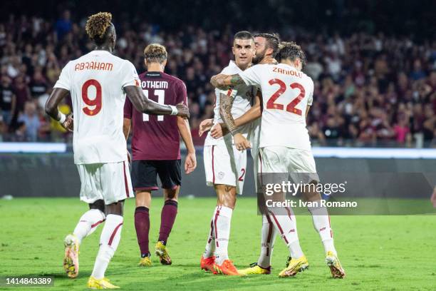 Bryan Cristante of AS Roma celebrates after scoring a goal to make it 0-1 during the Serie A match between Salernitana and AS Roma at Stadio Arechi...