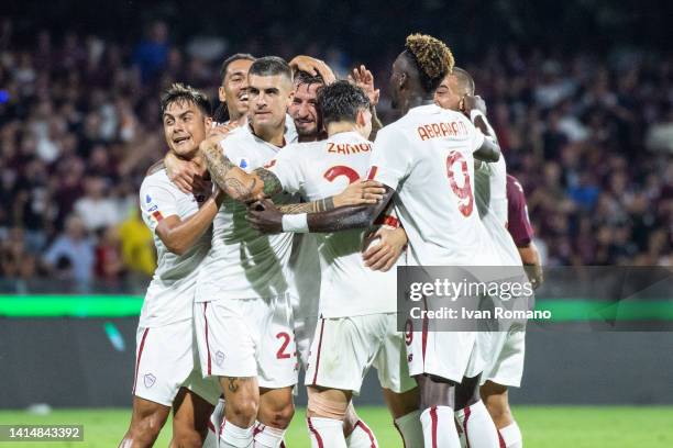 Bryan Cristante of AS Roma celebrates after scoring a goal to make it 0-1 during the Serie A match between Salernitana and AS Roma at Stadio Arechi...