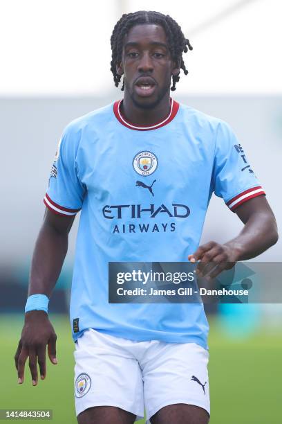 Josh Wilson-Esbrand of Manchester City during the Premier League 2 match between Manchester City and Leicester City at Manchester City Academy...