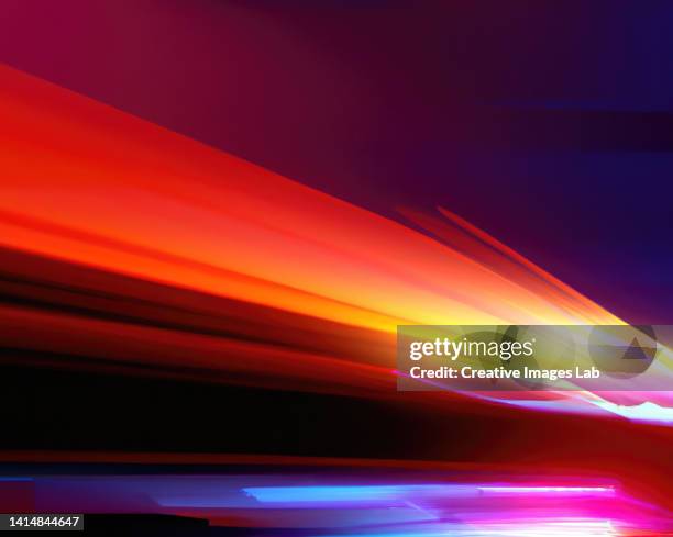 3d render abstract picture of colorful light trails crossing twilight sky with fast motion - light trail imagens e fotografias de stock