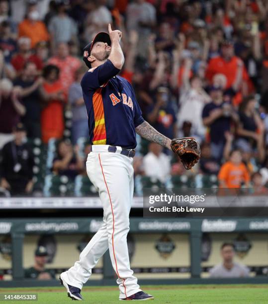 Ryan Pressly of the Houston Astros celebrates the win over the Oakland Athletics at Minute Maid Park on August 14, 2022 in Houston, Texas.