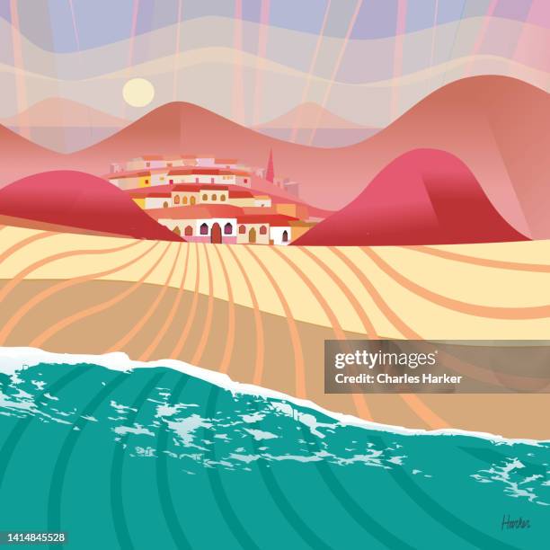 village by the sea digital illustration - todos santos stockfoto's en -beelden