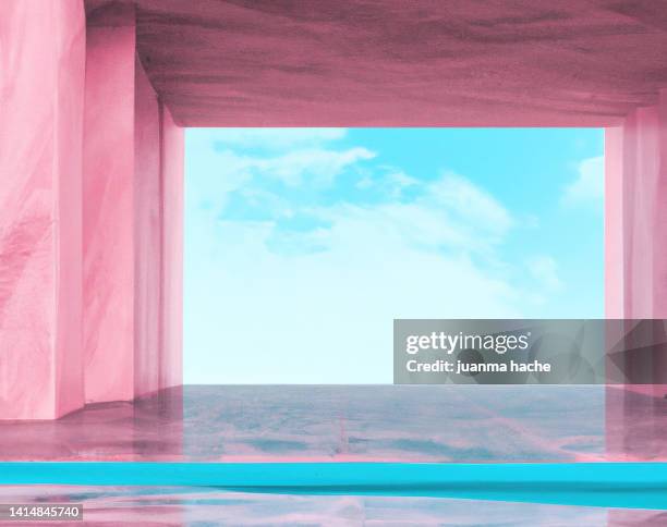 3d render imaginary fictional architecture, dreamlike empty surreal space, design of exterior terrace, concrete pink walls and pool - arranging products stock pictures, royalty-free photos & images