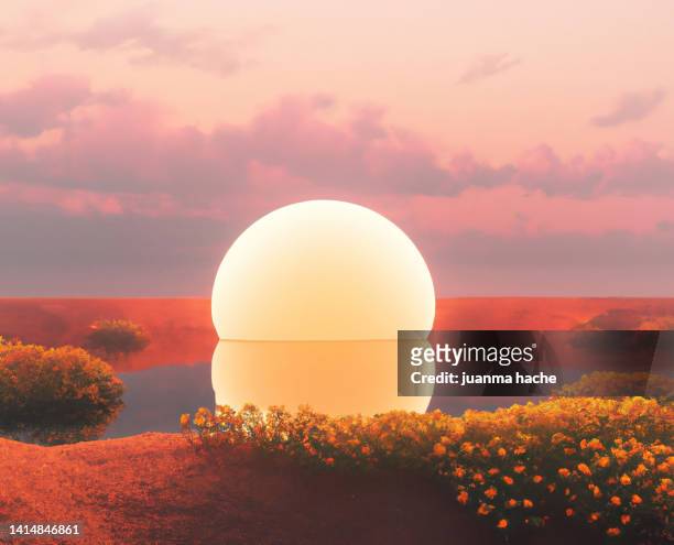 3d render surreal landscape with light sphere and sunset sky. modern minimal abstract background. lake and grass - fantasía fotografías e imágenes de stock