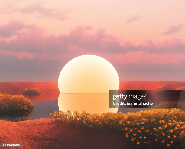 3d render surreal landscape with light sphere and sunset sky. modern minimal abstract background. lake and grass - 3d abstract stockfoto's en -beelden