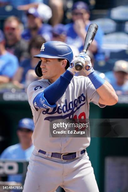 Tony Wolters of the Los Angeles Dodgers bats in the fifth inning against the Kansas City Royals at Kauffman Stadium on August 14, 2022 in Kansas...