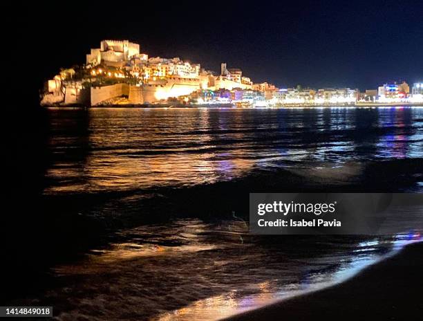 peniscola at night, spain - castello stock pictures, royalty-free photos & images