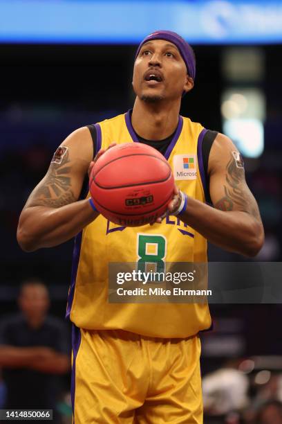 Jamario Moon of the 3 Headed Monsters shots a free throw against the Power during the BIG3 Playoffs on August 14, 2022 at Amalie Arena in Tampa,...