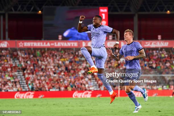 David Alaba of Real Madrid celebrates after scoring his team's second goal during the LaLiga Santander match between UD Almeria and Real Madrid CF at...