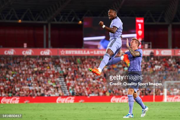 David Alaba of Real Madrid celebrates after scoring his team's second goal during the LaLiga Santander match between UD Almeria and Real Madrid CF at...