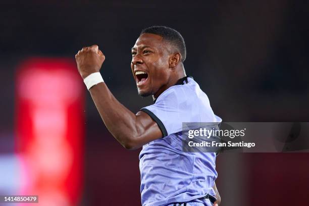 David Alaba of Real Madrid celebrates scoring their teams second goal during the LaLiga Santander match between UD Almeria and Real Madrid CF at...