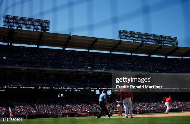 Shohei Ohtani of the Los Angeles Angels runs to second base against the Minnesota Twins in the fifth inning at Angel Stadium of Anaheim on August 14,...