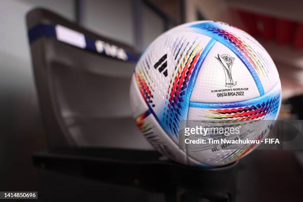 An official match ball is seen before a Group D match between USA and Netherlands as part of FIFA U-20 Women's World Cup Costa Rica 2022 at Estadio...