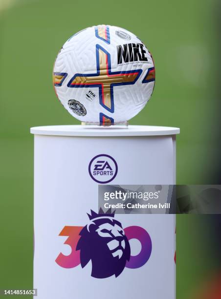 The Nike ball sits on the plinth which has The Premier League logo marking 30 years ahead of the Premier League match between Nottingham Forest and...