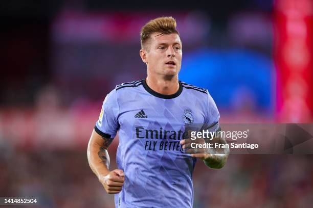 Toni Kroos of Real Madrid looks on during the LaLiga Santander match between UD Almeria and Real Madrid CF at Juegos Mediterraneos on August 14, 2022...