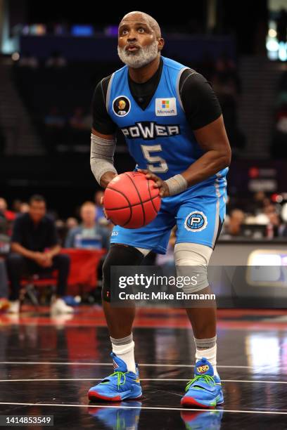 Cuttino Mobley of the Power shoots a free throw during the BIG3 Playoffs against the 3 Headed Monsters on August 14, 2022 at Amalie Arena in Tampa,...