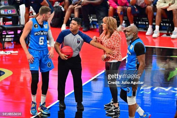 Cline and Head coach Nancy Lieberman of the Power argue a call during the BIG3 Playoffs against the 3 Headed Monsters on August 14, 2022 at Amalie...