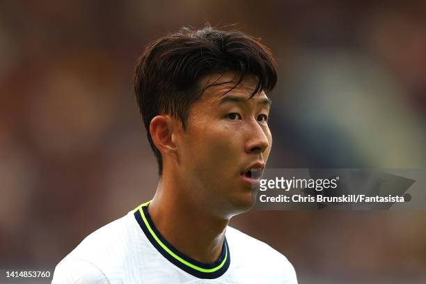 Heung-Min Son of Tottenham Hotspur looks on during the Premier League match between Chelsea FC and Tottenham Hotspur at Stamford Bridge on August 14,...