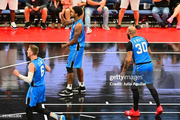 Glen Rice Jr. #41 of the Power celebrates with teammates after making the game winning shot to defeat the 3 Headed Monsters during the BIG3 Playoffs...