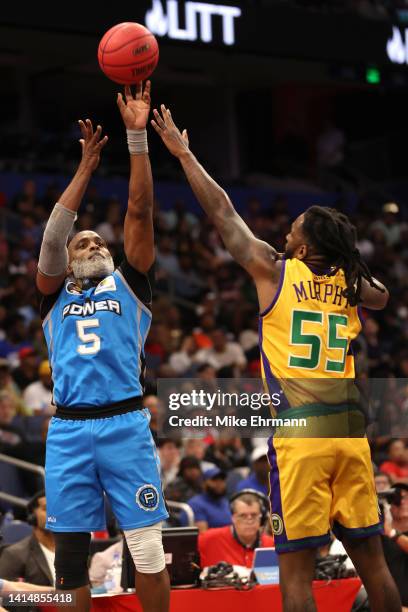 Cuttino Mobley of the Power shoots the ball against Kevin Murphy of the 3 Headed Monsters during the BIG3 Playoffs on August 14, 2022 at Amalie Arena...