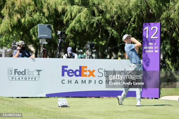 Will Zalatoris of the United States plays his shot from the 12th tee during the final round of the FedEx St. Jude Championship at TPC Southwind on...