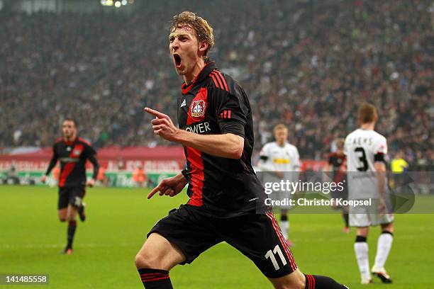 Stefan Kiessling of Leverkusen celebrates the first goal during the Bundesliga match between Bayer 04 Leverkusen and Borussia Moenchengladbach at...