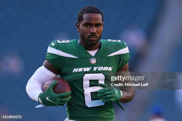 Elijah Moore of the New York Jets looks on against the Philadelphia Eagles during the preseason game at Lincoln Financial Field on August 12, 2022 in...