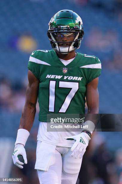 Garrett Wilson of the New York Jets looks on against the Philadelphia Eagles during the preseason game at Lincoln Financial Field on August 12, 2022...