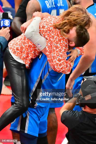 Cline of the Power hugs Head coach Nancy Lieberman after defeating the 3 Headed Monsters during the BIG3 Playoffs on August 14, 2022 at Amalie Arena...
