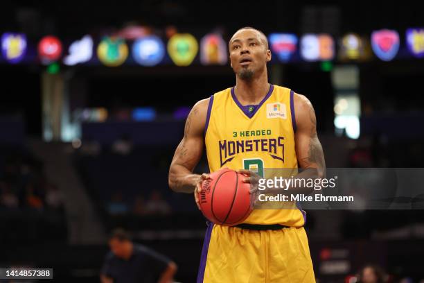 Rashard Lewis of the 3 Headed Monsters holds the ball during the BIG3 Playoffs against the Power on August 14, 2022 at Amalie Arena in Tampa, Florida.