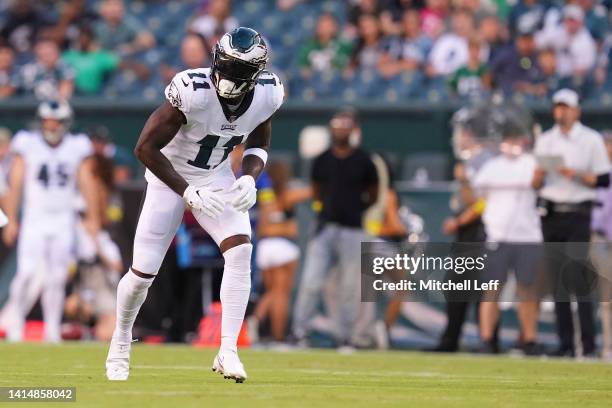 Brown of the Philadelphia Eagles looks on against the New York Jets during the preseason game at Lincoln Financial Field on August 12, 2022 in...